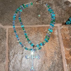 Western Blue and Green Bead Cross Necklace